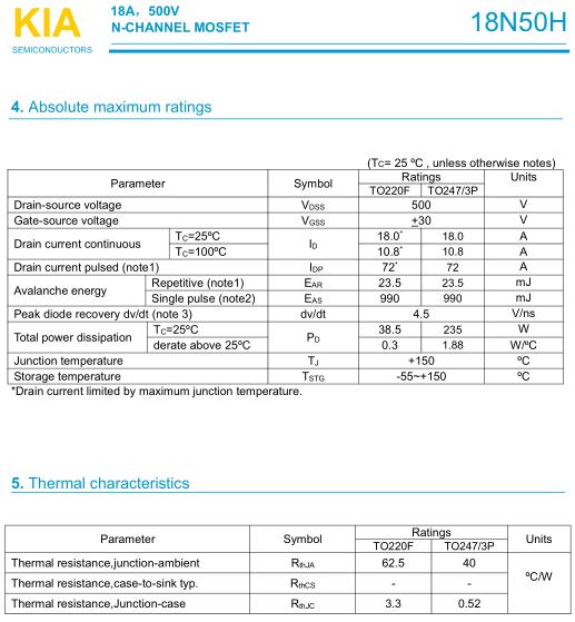 MOS管,KIA18N50H,18A/500V