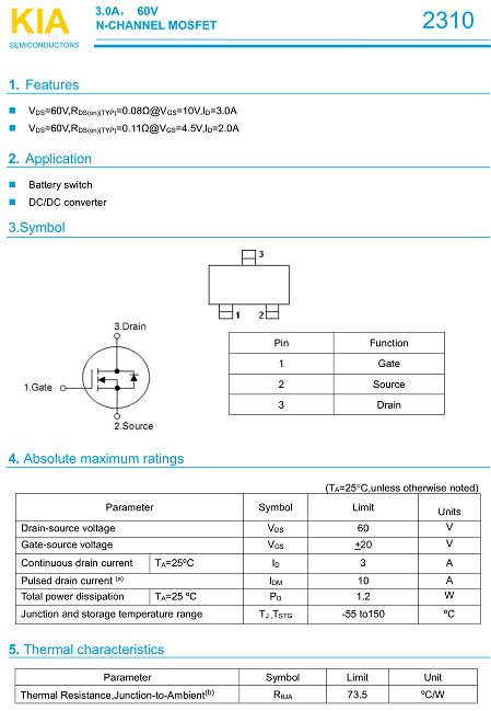 MOS管,KIA2310,3.0A/60V