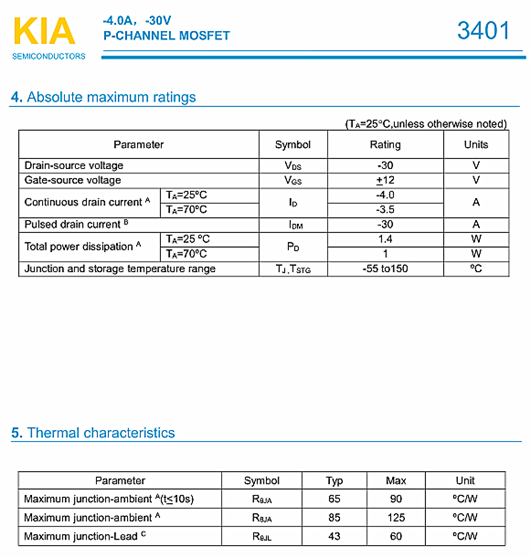 MOS管，KIA3401，-30V-4.0A