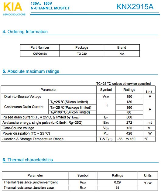 MOS管，KNP2915A參數(shù)規(guī)格，150V130A
